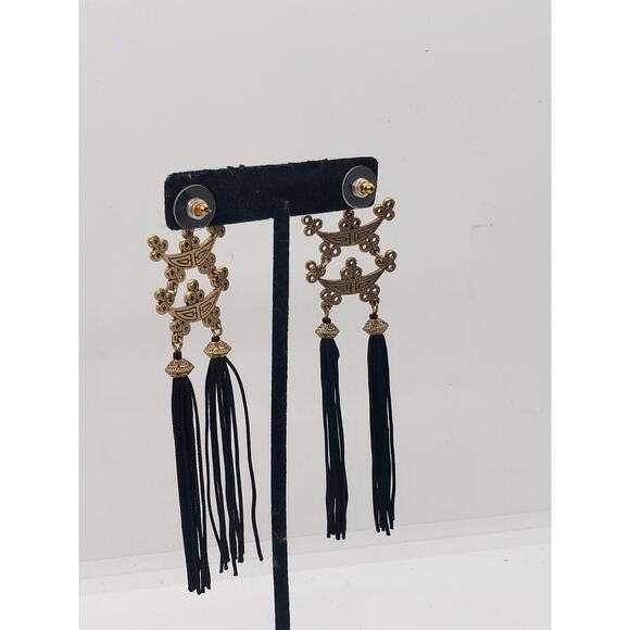 Asian Inspired Dangle Earrings Gold Tone Black Tassel Long Drop Pierced Fringe - Picture 7 of 12